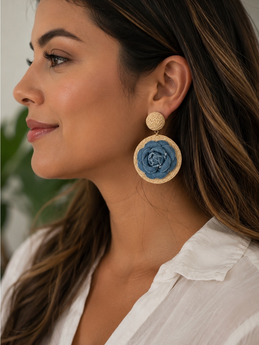 Woven Straw Drop Earrings with Blue Denim Fabric Rose